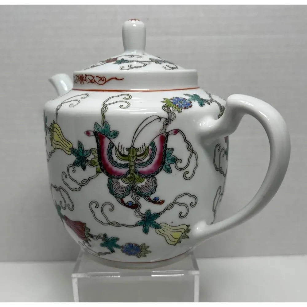 Vtg Chinese Jingdezhen Porcelain Floral Teapot Hand Painted Flowers Butterflies
